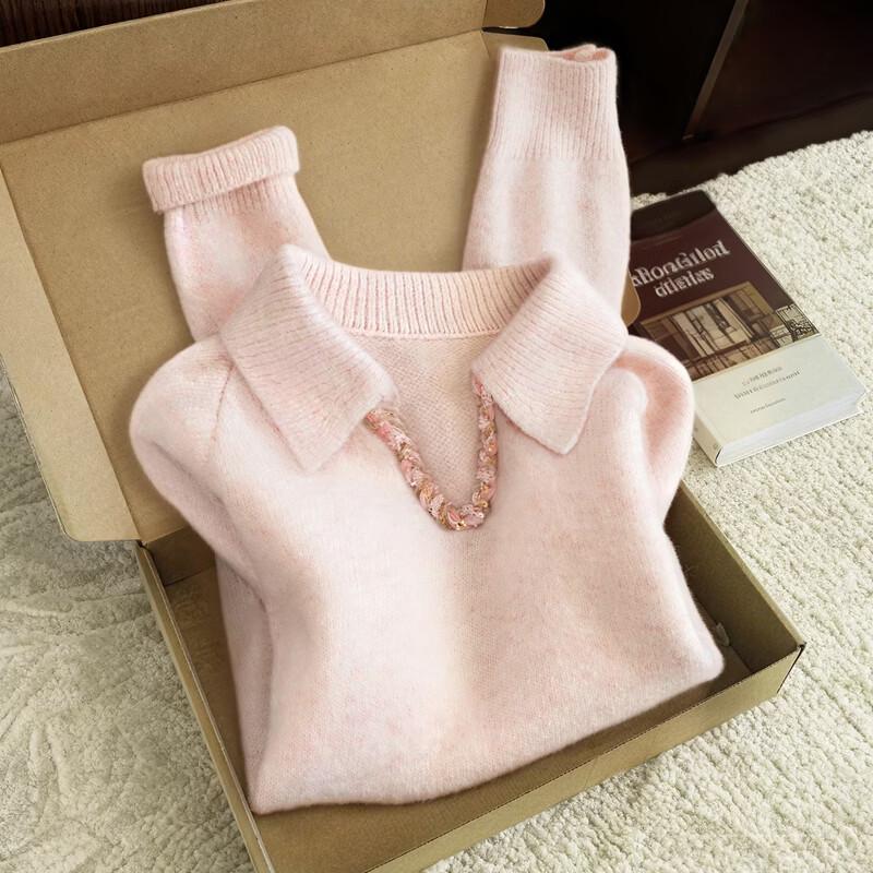 Women s Elegant Sequin Lapel Long-Sleeve Sweater One Size