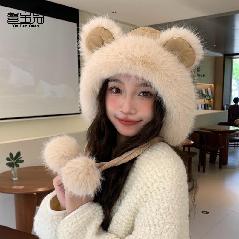 New cute bear hat women's plush warm ear protector bucket hat shows the face small versatile fashion