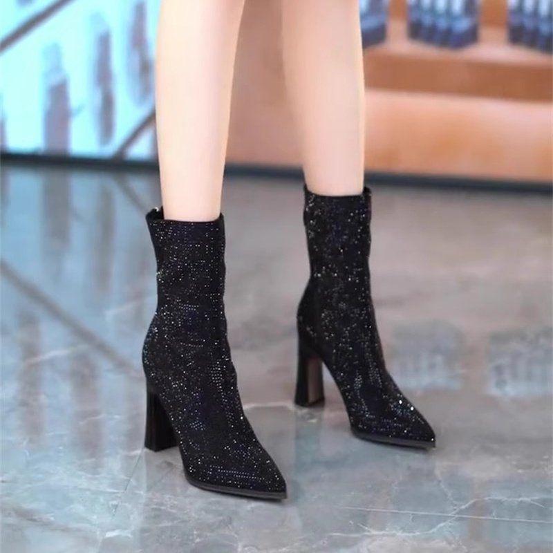 Korean version of elegant rhinestone short high-heeled boots Martin boots 2025 autumn and winter pointed oblique zipper thick heel full diamond
