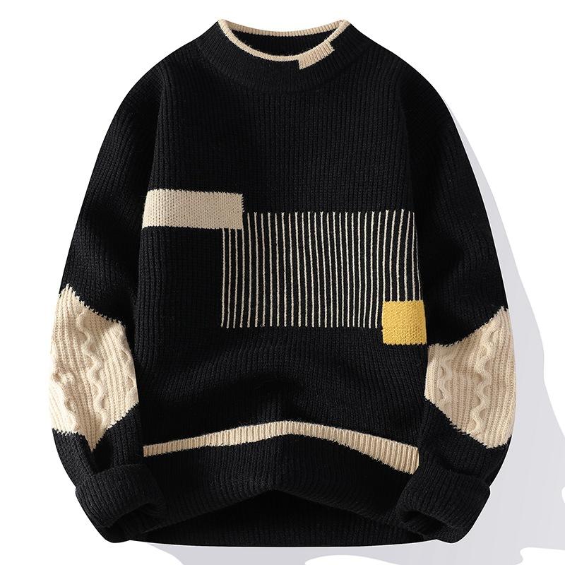 Men s Fall Round-Neck Color-Blocked Sweater: Youth Knit Top, Casual Design XS