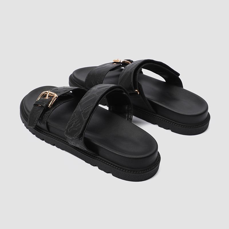 

Thick-soled one-word sandals women s metal buckle Velcro flat-soled sandals lazy beach cover wearing slippers 35 чорний