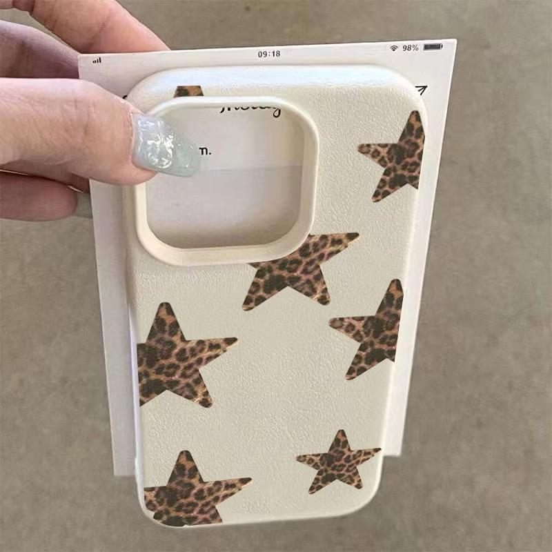 Leopard Print Stars Lychee Texture Phone Case For iPhone 17 Air 16 E 15 14 13 12 11 Pro Max Plus SE Soft Cover