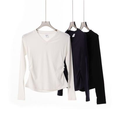 Solid Color Women's Waist Pinch Long-sleeved Shirt Autumn and Winter New Bottoming Shirt Pleated Waist Simple Versatile Top