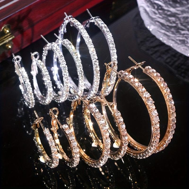 6pcs full rhinestone C-shaped large hoop earrings, multi-size stackable vintage elegant style, ideal for party, vacation, date and daily wear