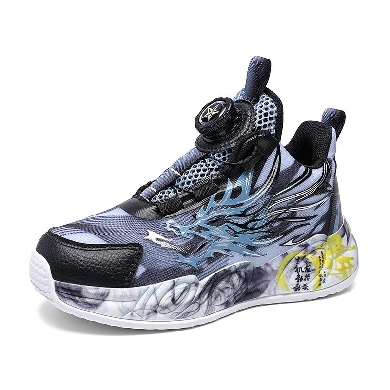Spring and Summer Ice Silk Mesh Children's Basketball Shoes Sports Shoes Rotating Buckle Light Boys Running Shoes Primary School Students Graffiti Sho