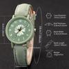 2PCs/Set Fashion Women's Watch Round Flower Dial Leather Strap Quartz Watch with Green Flower Bracelet