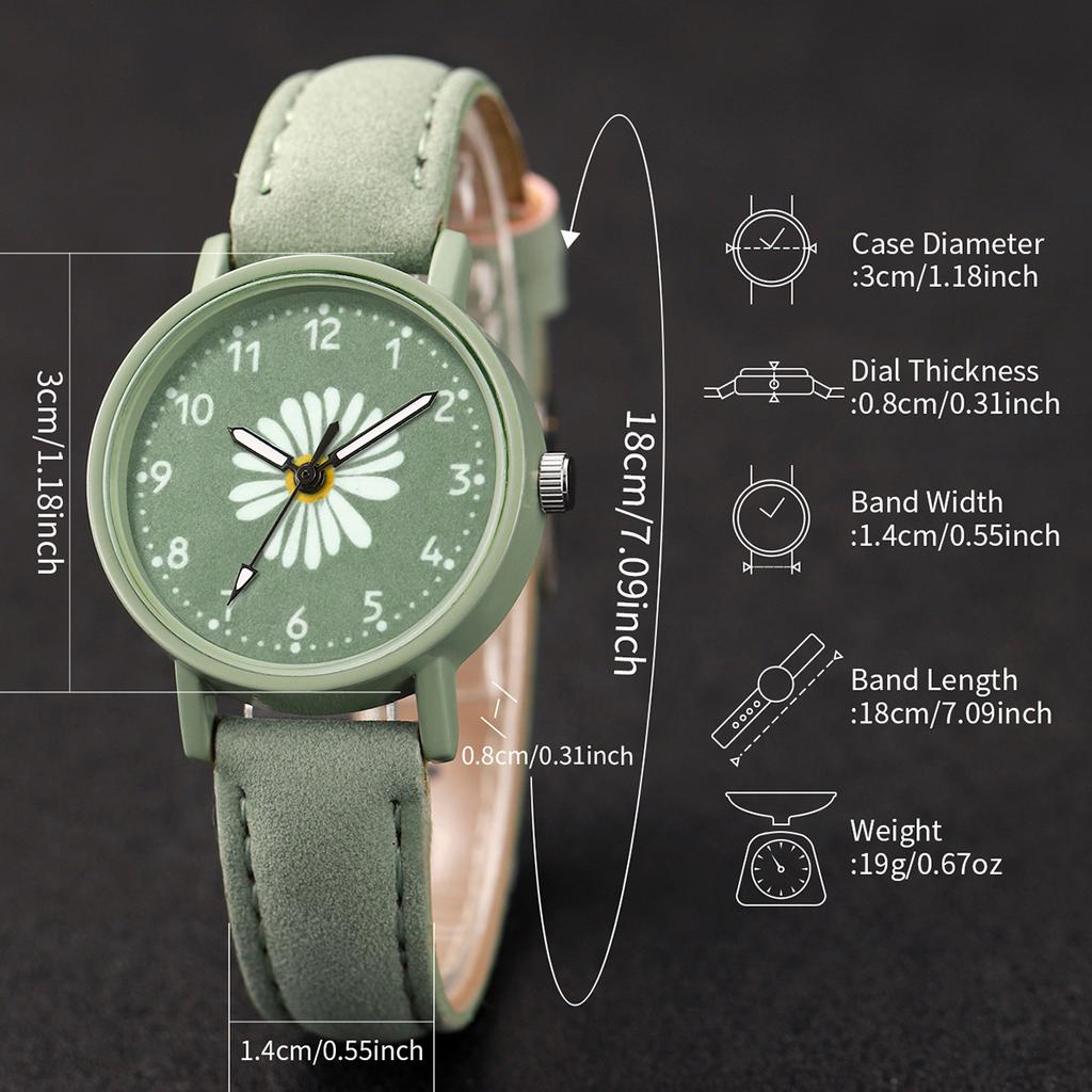 2PCs/Set Fashion Women's Watch Round Flower Dial Leather Strap Quartz Watch with Green Flower Bracelet