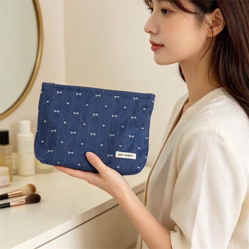 Korean-Style Denim Heart Print Versatile Jewelry & Makeup Bag