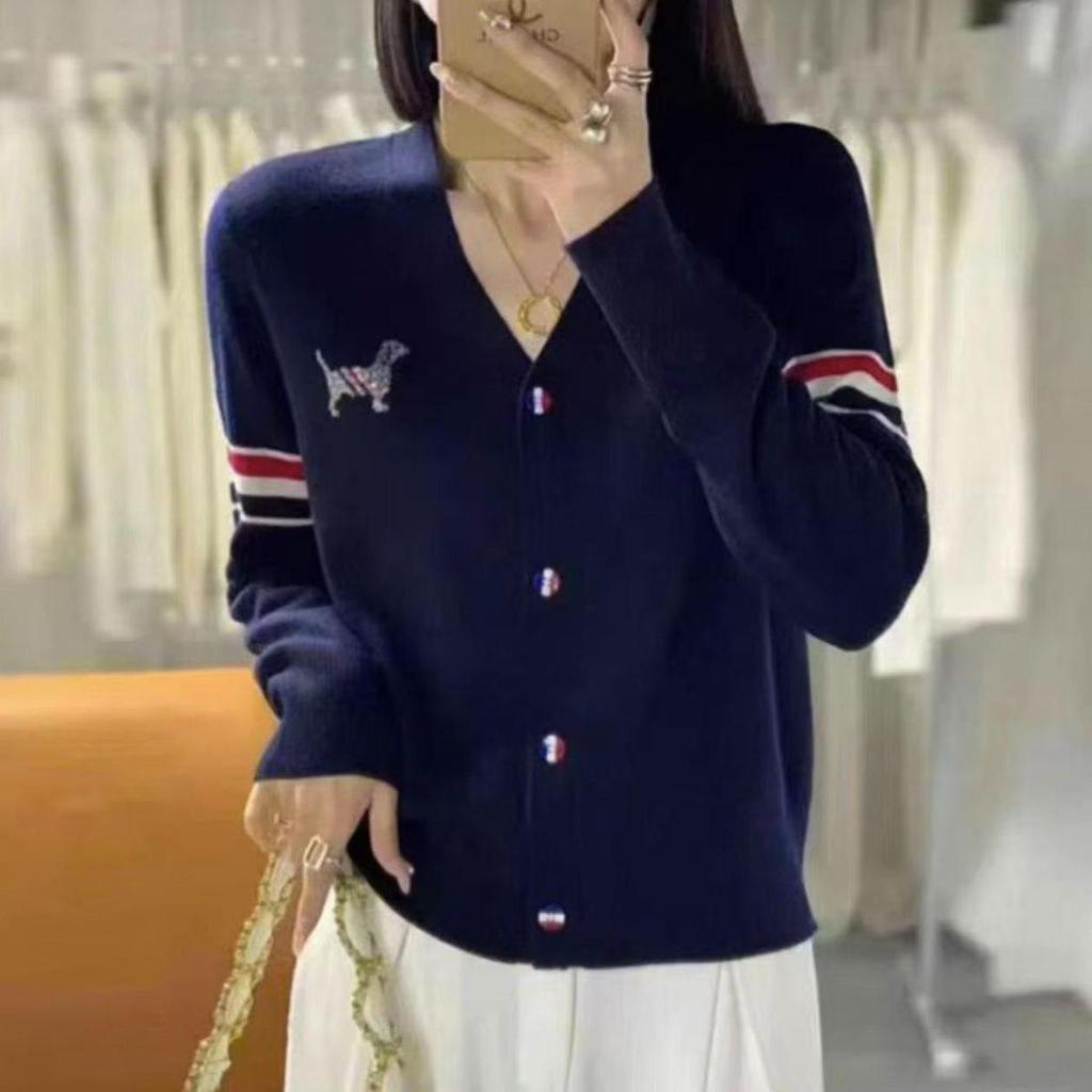 Women's Korean Style Embroidered Color Block Striped Sweater Cardigan