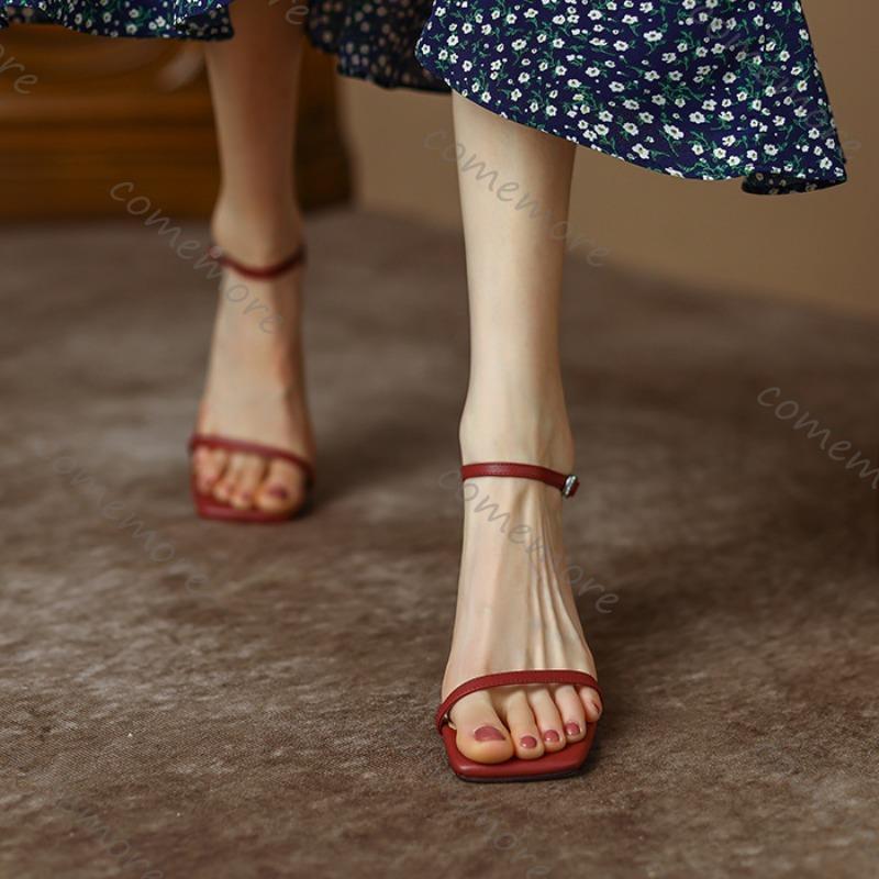 Fashion Ankle Strap Middle Heeled Sandals Women Fashion Pu Leather Square Toe Sandales Woman Summer Buckle Party Pumps Shoes Female