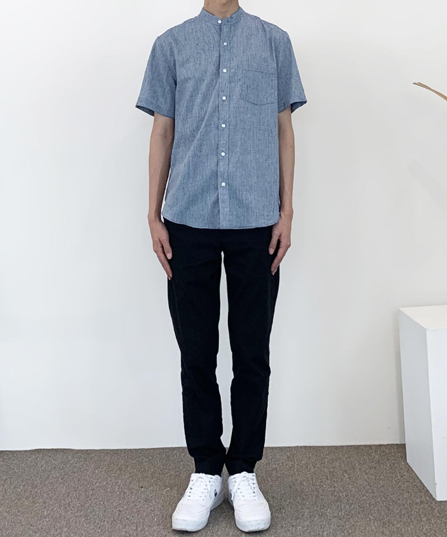 The Shirt Studio Deep Blue Loose Fit Linen Blend Mandarin Collar Short Sleeve Shirt 100