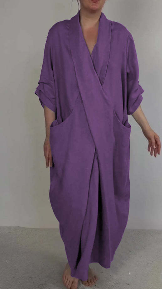 

Autumn _ linen bathrobe skirt solid color casual big pocket V-neck slit with loose versatile 5XL фіолетовий