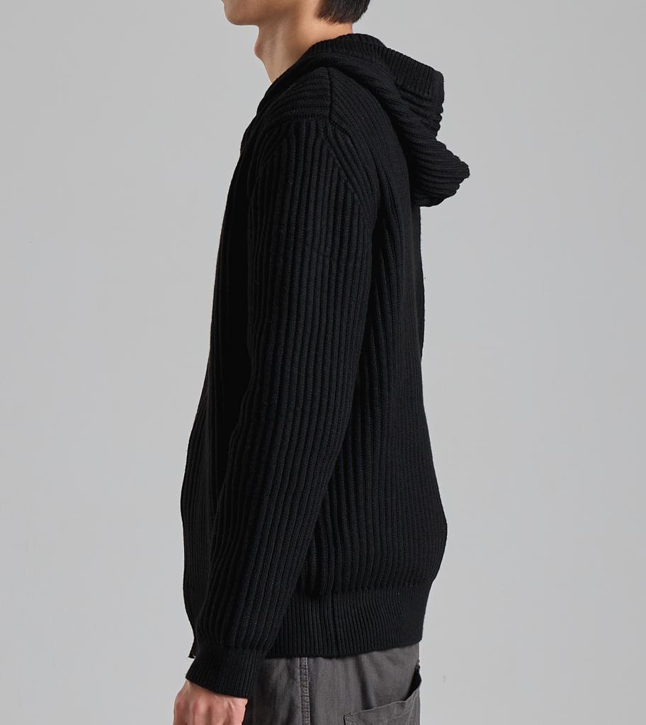 Button Seoul Minimal Hooded Zip-Up Knit Cardigan (Black)