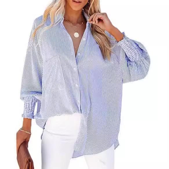 Striped Long-Sleeve Loose Casual Women's Shirt with Pocket