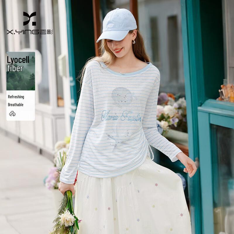 Women s One-Shoulder Striped Tencel T-Shirt with Hot-Drilled Letters XL