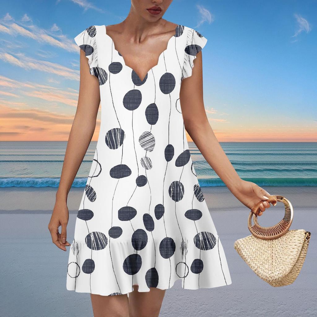 Women's Fashion Casual V Neck Wavy Edge Print Short Sleeve Dress