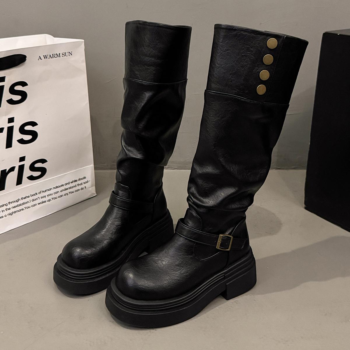 

Fashion Knee High Boots Women Autumn Casual Slip on Women Shoes Square Mid Heels Solid Leather Circle Buckle Motorcycle Boots 40 чёрный