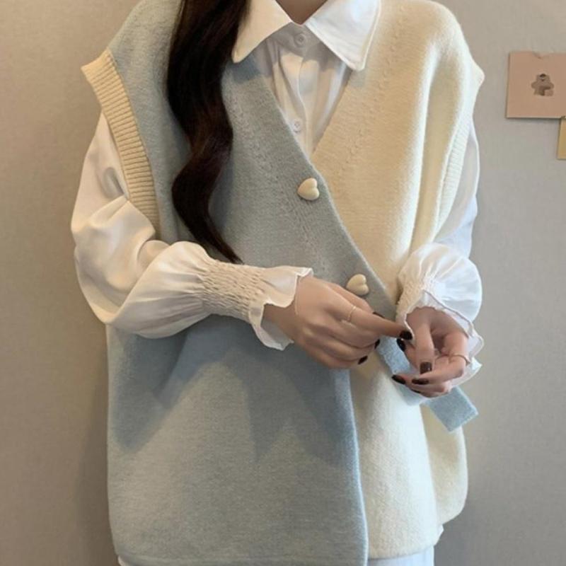 Women Irregular Contrasting Vest Sweaters Korean Gentle V-neck Female Knitted Sweater Autumn Casual Pullover Ladies Top