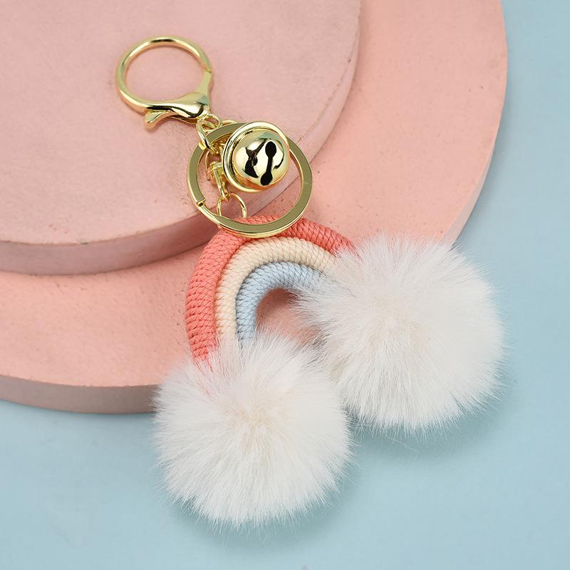 Bohemian Rainbow Fur Ball Keychain with Hand-Woven Cotton Rope and Faux Rabbit Fur Pendant