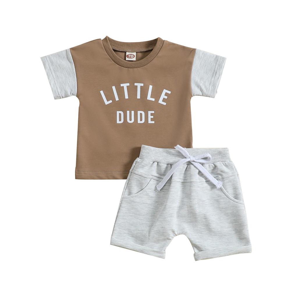 Summer Children's Wear Crewneck Letter-printed Top Solid Color Shorts Two-piece Set