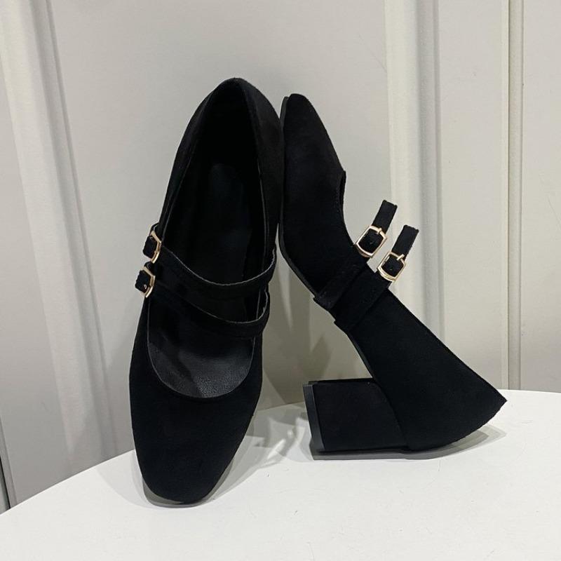 

Мода 2025 Весна Осень Женские Туфли Мэри Джейн с Двойной Пряжкой Лакированная Кожа Платье Квадратный Носок Квадратный Каблук Однотонные Женские Туфли 34 чёрный