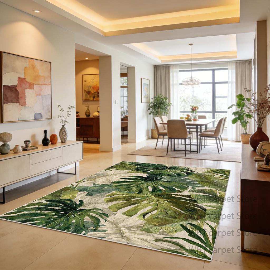 Tropical Plant Living Room Dining Room Area Rugs Green Decoration Machine Washable Rug Patio Foldable Antiskid Floor Mat Fluffy