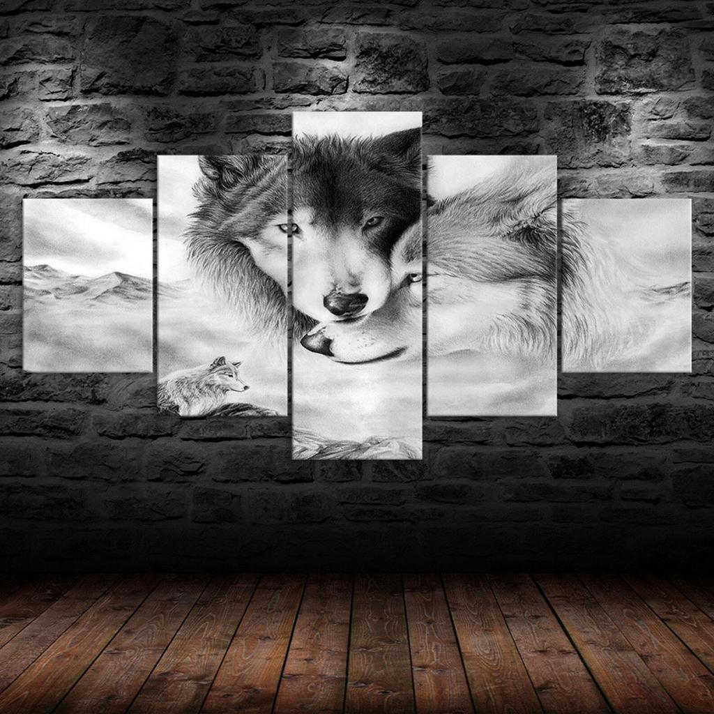 Wolfspaar Schöne Wildtier-Szene 5-teilig Fünfteiliges Wandleinwandbild Moderner Poster-Bilder Home Decor Geschenk für Ihn für Sie