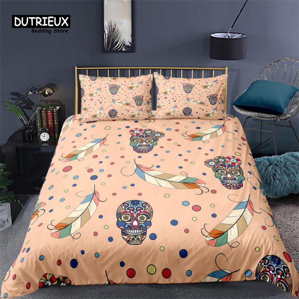 Colorful Sugar Skull Skeleton Quilt Cover Gothic Skull Bedding Set Queen Size Microfiber Horror Theme Feather Black Duvet Cover
