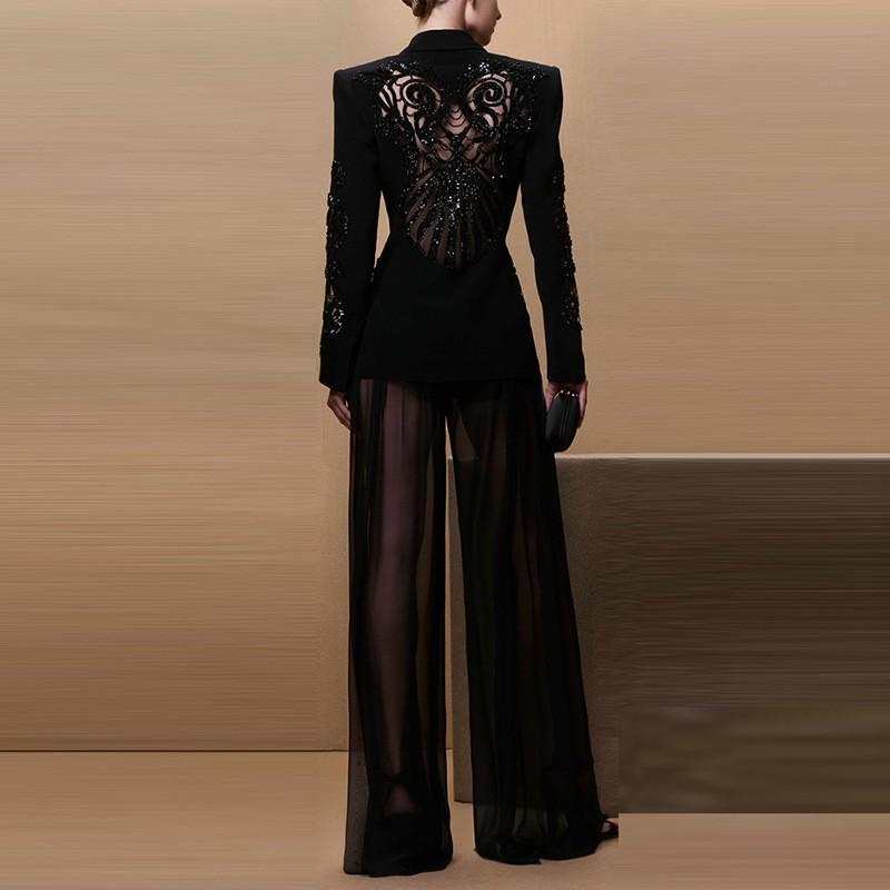 Available: Spring 2026 Fashion Mesh & Beaded Suit Jacket with Chiffon Trousers.