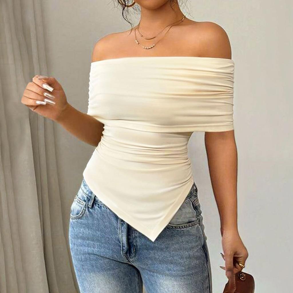 Women's Fashionable And Versatile Color Strapless Off-shoulder Irregular T-shirt Top