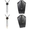 Handmade Vintage Bolo Tie for Women Mens Western Cowboy Leather Rope Necktie with Round Stone Pendant Jewelry Necklace