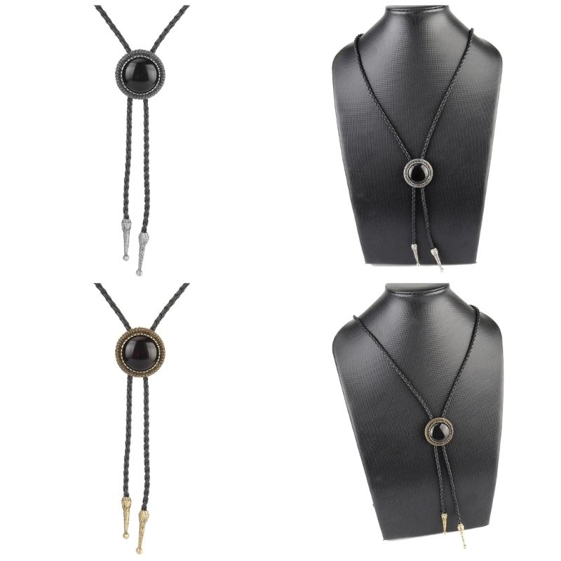 Handmade Vintage Bolo Tie for Women Mens Western Cowboy Leather Rope Necktie with Round Stone Pendant Jewelry Necklace