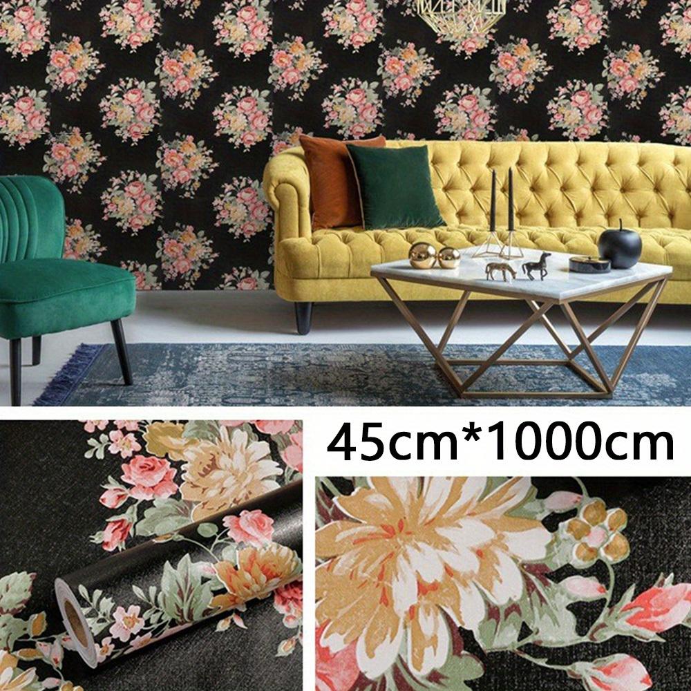 1pc Flower Shelf Liner Black Drawer Cover Paper Self-adhesive Rental House Furniture Decoration DIY Desktop Surface, Retro Self-adhesive Wallpaper
