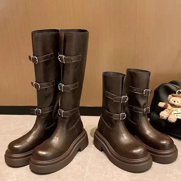 Cowhide Grape Mom 6cm Thick Sole But Knee Boots Women's Autumn and Winter Belt Buckle Skinny Boots Western Knight Boots