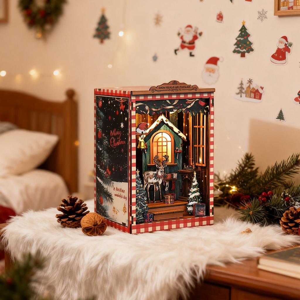 Sada Koutek pro dospělé Vánoční knihu, 3D dřevěná chata puzzle, Vánoční knihy, Vynikající dekorace na knihovnu pro každou příležitost