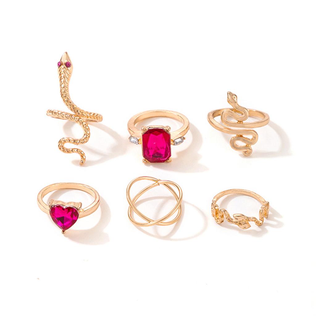 Six-piece new ruby inlaid snake-shaped cross ring set love square diamond ring set of six.