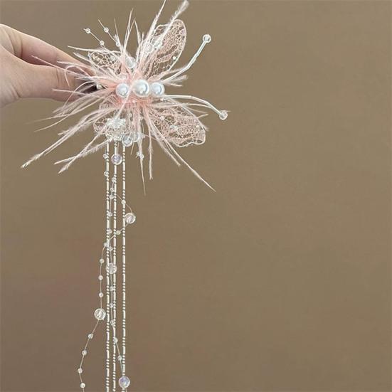 Damen Haarnadel Imitation Perle Feder Schmetterling Dekor Haarspange mit Perlen Quaste Süße Haaraccessoires