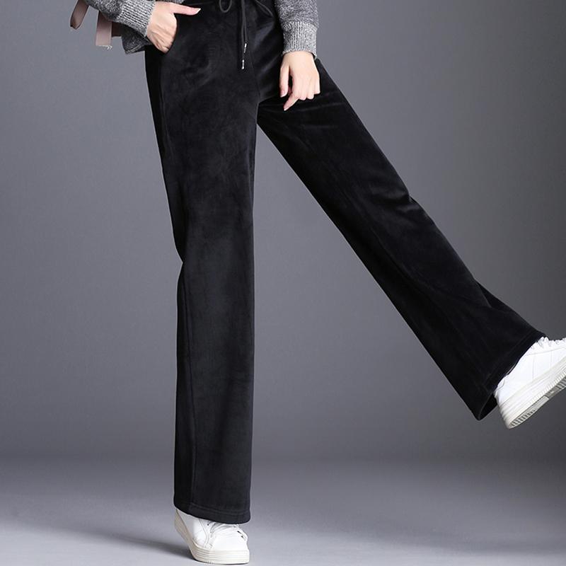 2021 Nové dámské oblečení Černá Vintage Solid Velvet Kalhoty s vysokým pasem dámské Retro volné sametové široké kalhoty