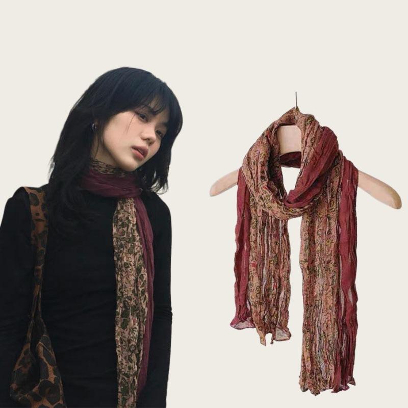 Literarische und Retro-Kontrastfarben, lange Seidenschals mit Blumenmuster, Damenmode, ausländischer Stil, hochwertiger Hals- und Nackenschmuck, hochwertig vielseitig