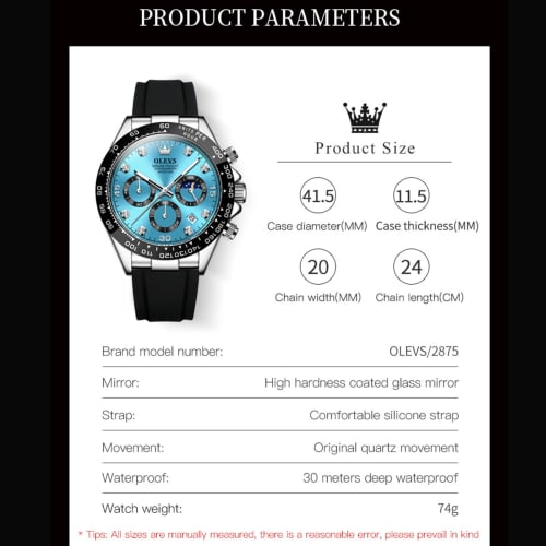 OLEVS Stylish Men's Watch Easy to Read Sports Popular Fashion Brand Japan Quartz Silicone Belt Chronograph Men's Watch Date Waterproof Business Blue A