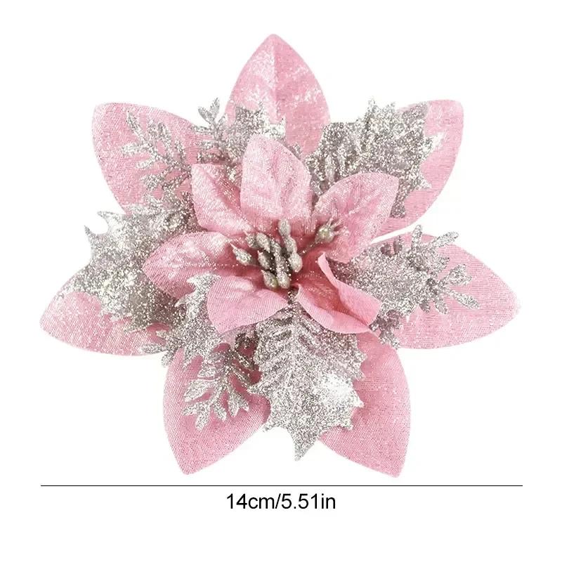 10PCS Poinsettia Christmas Flowers Decoration Artificial Glitter Christmas Tree Ornaments Xmas Party Wreath DIY Garland Decor