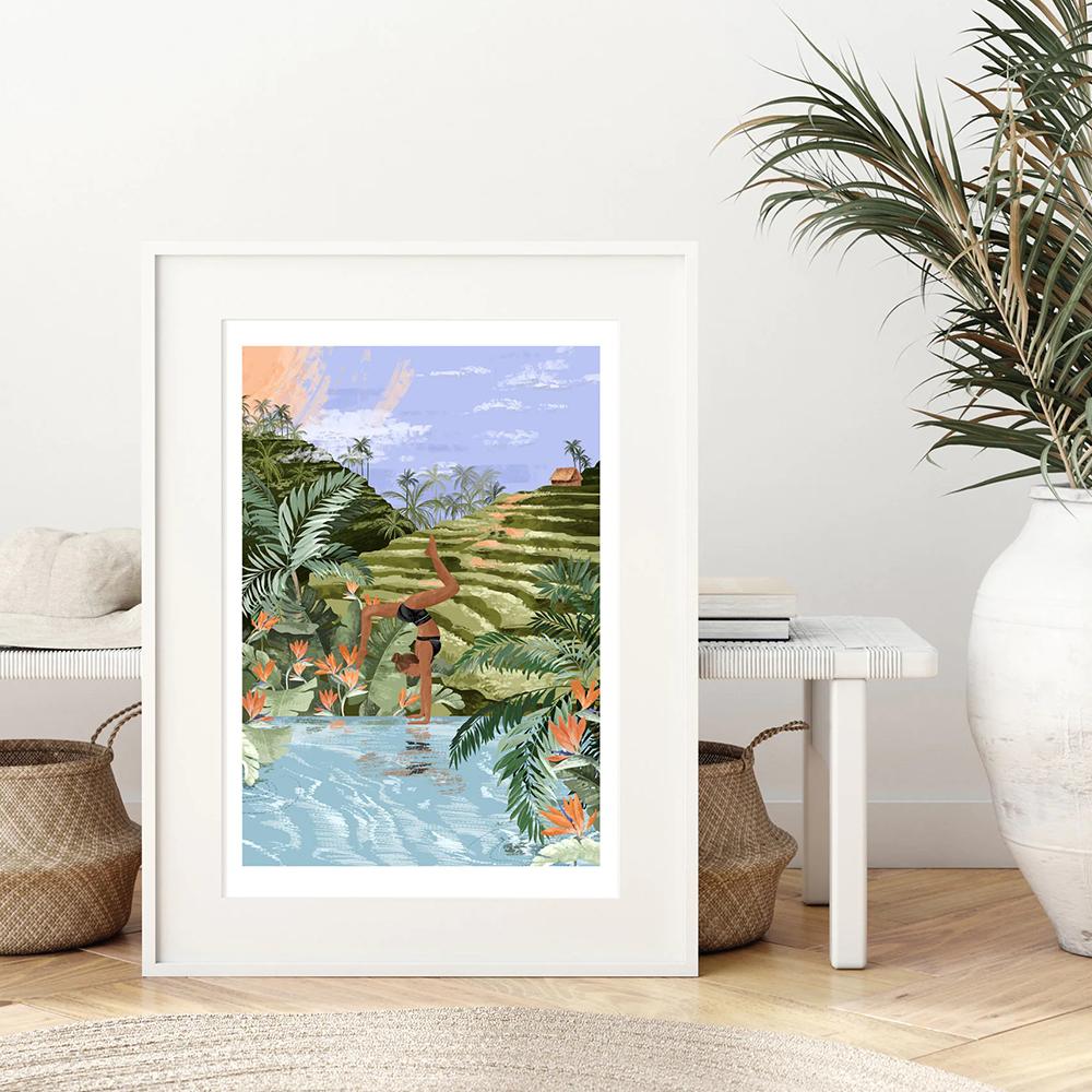 Poster Ragazza Yoga Tela Stampata Arte Murale Illustrazioni Piante Tropicali Disegni Immagini
