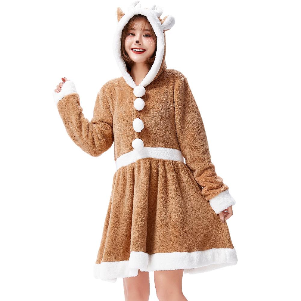 

Adult Women Animals Elk Christmas Reindeer Velvet Hooded Dress Halloween Role Play Dress Up Cosplay Costume