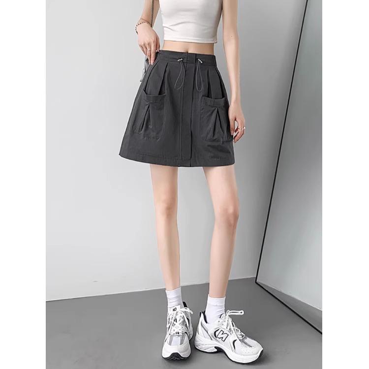Gray Women's A-Line Midi Skirt with Elastic Drawstring Waist - Summer 2025 Anti-Exposure Workwear Style