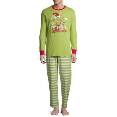 Herren Langarm Weihnachtspyjama-Set mit Grafikprint-Oberteil und gestreifter Hose Weiche Bequeme Nachtwäsche für die Feiertagssaison