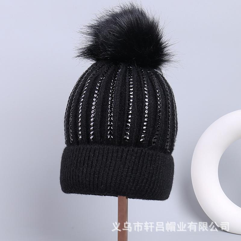 Autumn and winter knitted hat children's fashion sequined hairball versatile wool hat winter velvet thickened warm cold hat
