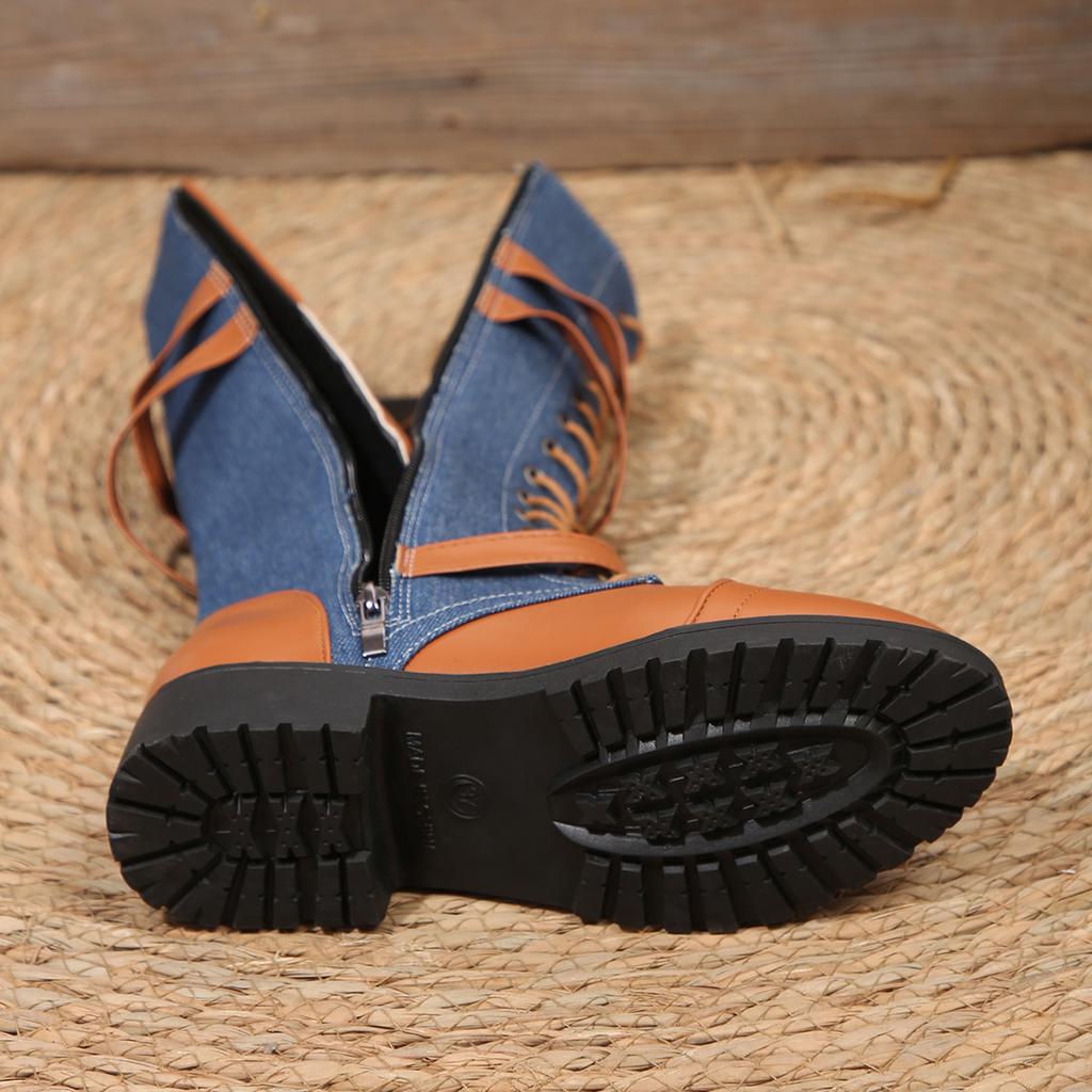 Chunky Harness Combat Boots for Women,Wide Calf Round Toe Lace Up Leather Mid Heel Boots for Fall