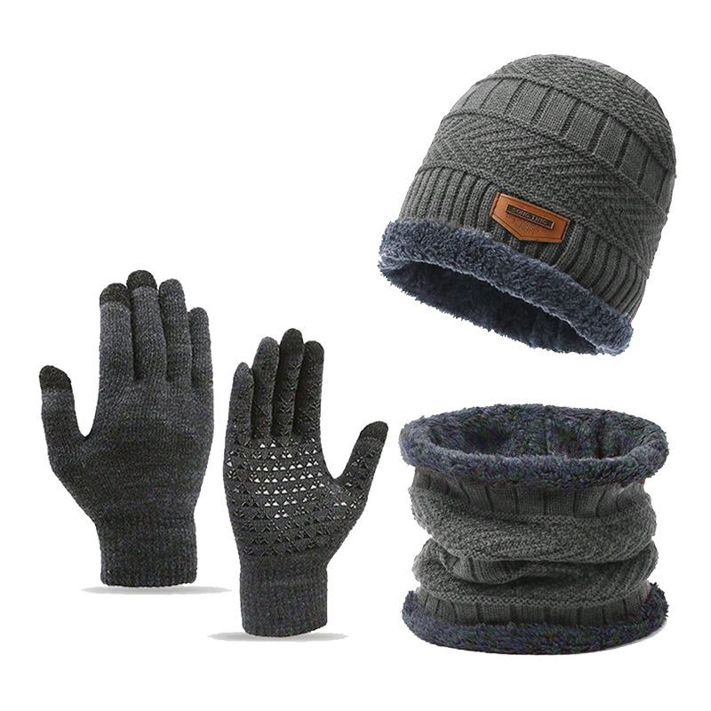 1set Three-piece Neckline, Men's Windproof Hat, Outdoor Winter Scarf, Gloves, one Plus Knit Hat