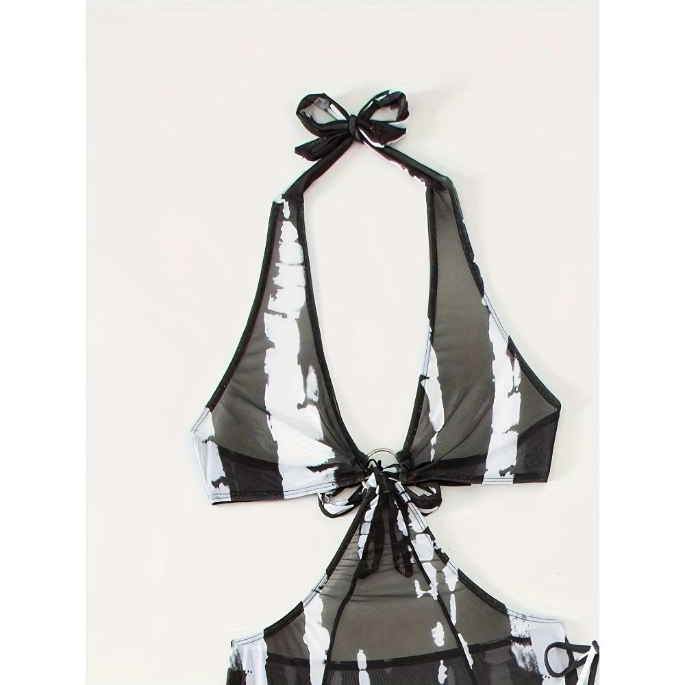 Tie Dye 3 Piece Set Bikini, Halter Neck Triangle High Cut With Ring-Linked Mesh Cover Up Dress Swimsuits, Women's Swimwear & Clothing