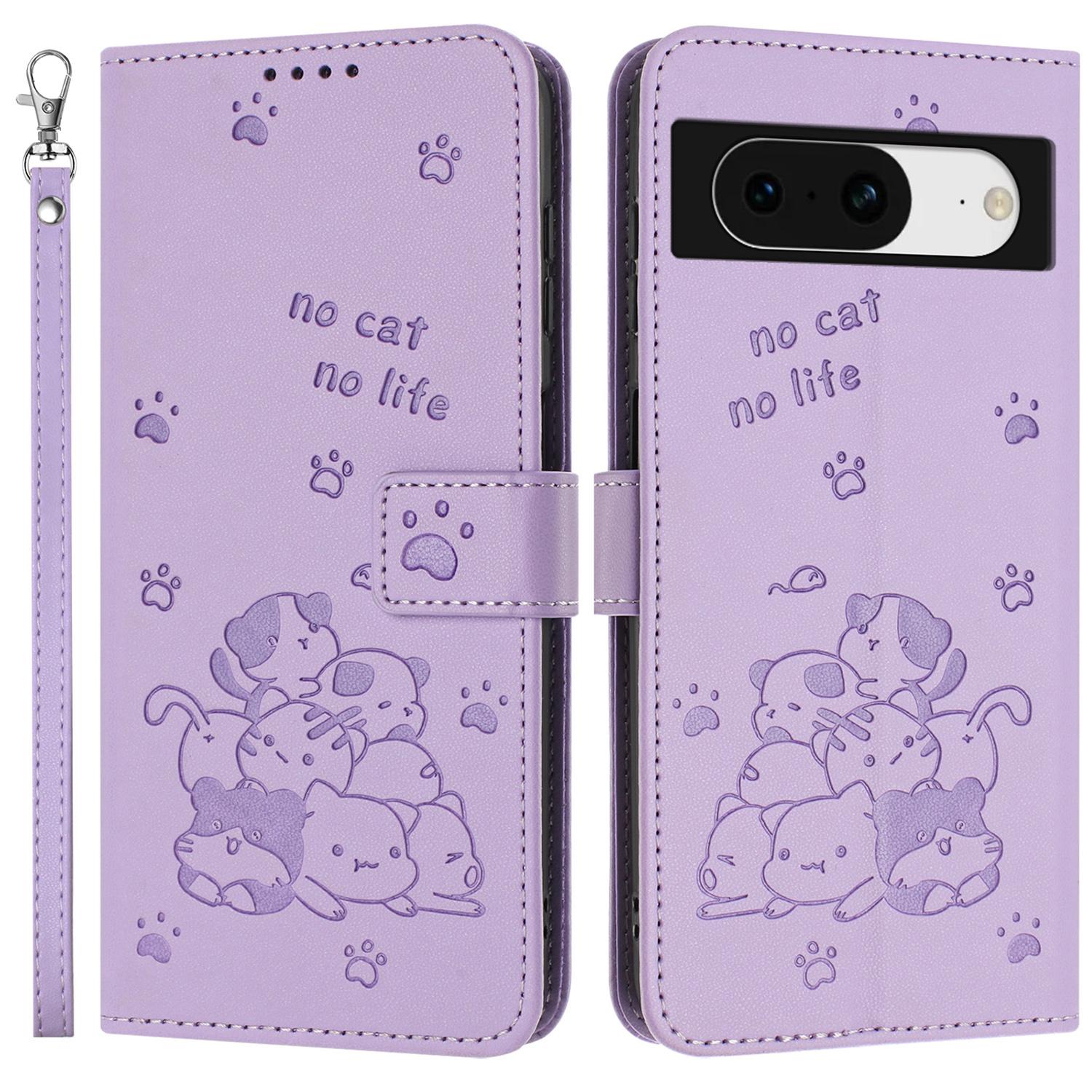 

For Google Pixel 8 Case with Strap Cats Imprint Leather Wallet Phone Cover A